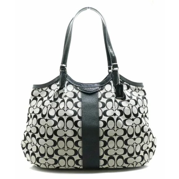 Coach Devin Signature Stripe Canvas/Leather Black & Gray Tote Bag - Picture 1 of 13
